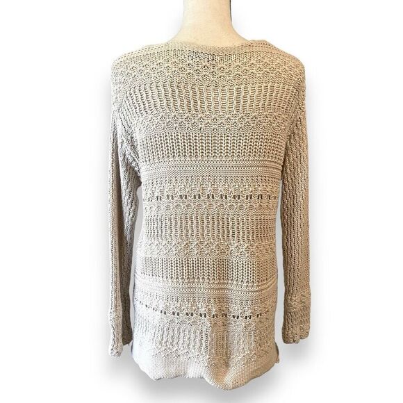 Magaschoni Open Knit Long Sleeve Crew Neck Pullover Sweater Beige Medium - Picture 3 of 9